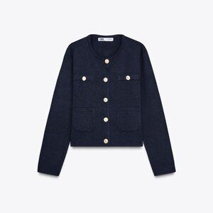 Zara Women's Navy Blue Knit Cardigan Medium with golden button